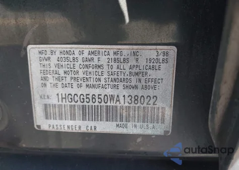 1998 Honda Accord Ex z USA, uszkodzony, nr VIN 1HGCG5650WA138022